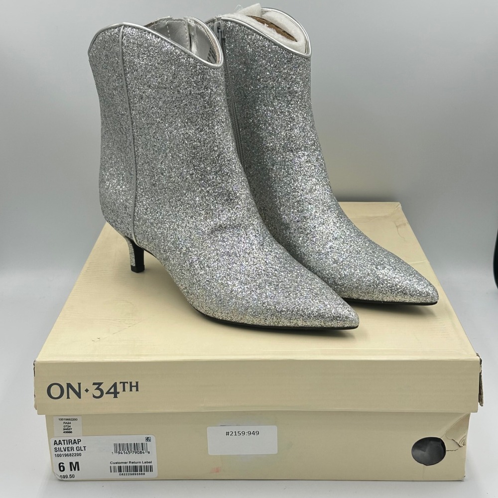 ON‎ 34th AATIRA Silver Glitter Ankle Boots 6M Glam Party Kitten Heel Sparkle NIB